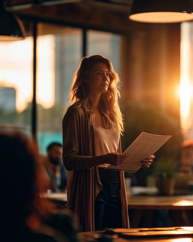 An independent creative-agency principal presenting a printed pitch deck in a warm, sunlit studio at golden hour