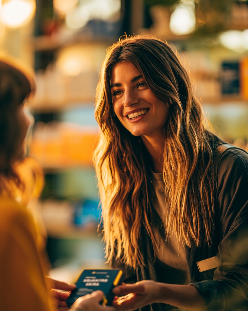 A brand manager reviewing customer replies in a boutique, calm and on-brand