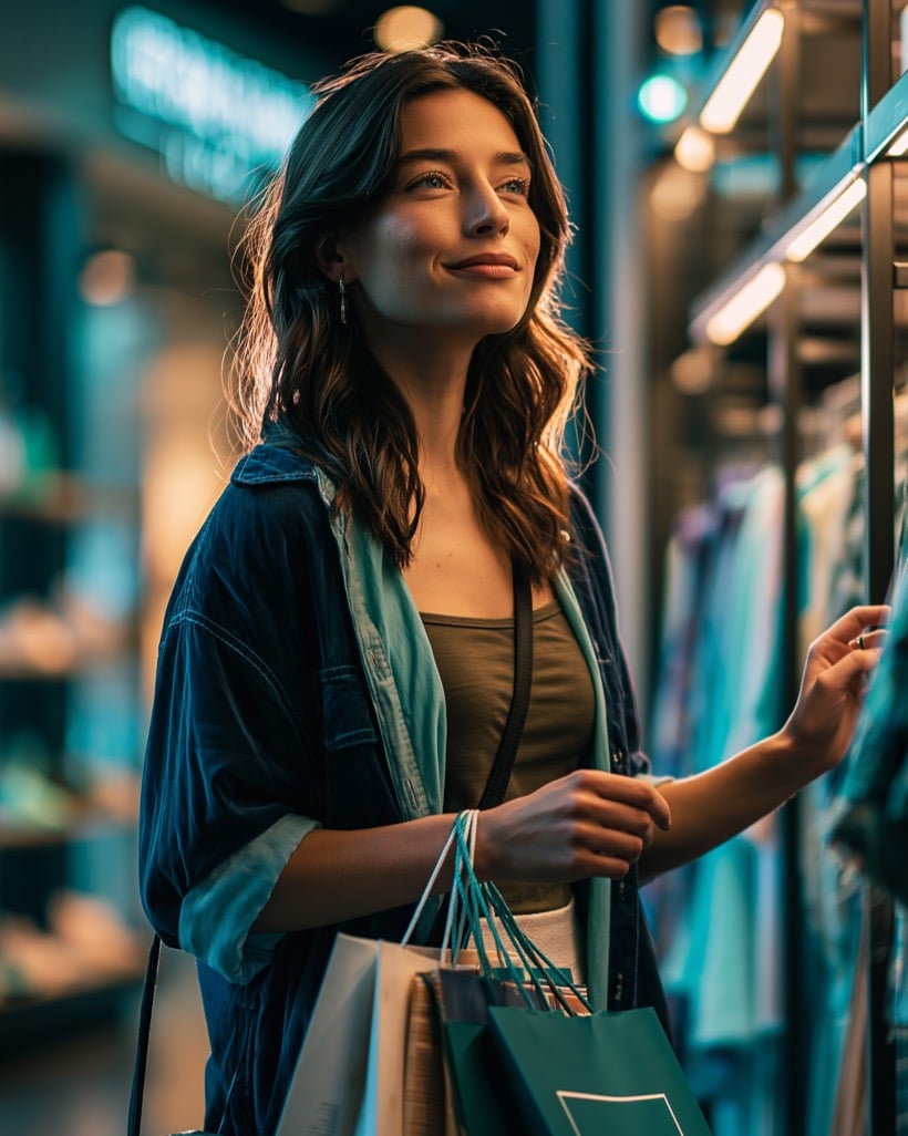 A brand manager checking online reviews on a phone, calm and in control of the brand's reputation